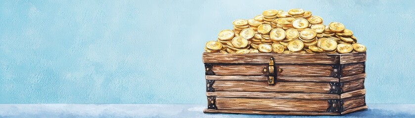 Fototapeta premium Treasure chest filled with gold coins on a blue background, symbolizing wealth and prosperity.