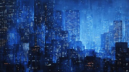 A futuristic cityscape with tall buildings, glowing lights and a stormy sky.