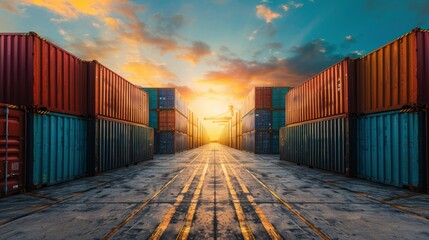 Fototapeta premium Shipping containers stacked high on the harbor dock.