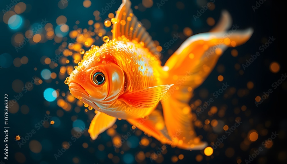Poster A Captivating Visual of a Vigorous Gold Fish Dissolving into Particles with Glowing Effects for Artistic and Creative Projects