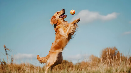 
Golden retriever dog jumping happily in the air catching a ball