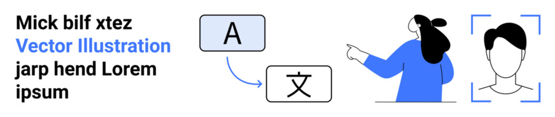 Woman pointing at language translation symbols with an avatar beside her. Ideal for language learning, translation services, educational platforms, tech tutorials, digital content, remote learning
