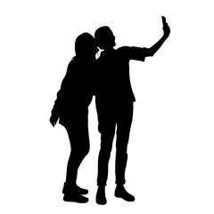 Naklejka premium A couple standing side by side, with one person holding the phone for a selfie. The two are close together silhouette