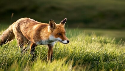 Fototapeta premium A red fox stealthily moving through a lush green meadow, skillfully hunting for prey.