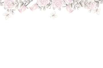 Watercolor Border Side Top Antique Style Pink Roses Silver Foliage White Butterflies Horizontal Digital Illustration Copy Space Print Web High Quality