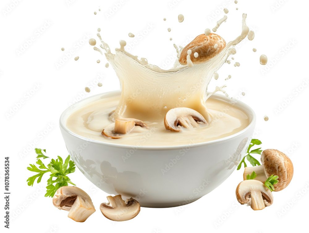 Poster delicious mushrooms splashing in cream soup isolated transparent background