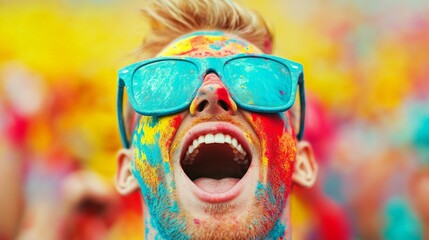 Vibrant Joy: A young man with colorful paint on his face and large teal sunglasses, joyfully shouts with happiness.  A lively, colorful festival atmosphere surrounds him. 