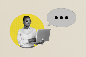Creative collage picture young woman employee diligent worker remote job laptop browsing textbox...