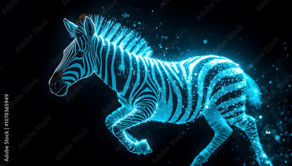 Poster A Vigorously Dynamic Zebra Dissolving and Disappearing into Mesmerizing Glowing Particles for Creative Visuals