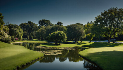 A scenic golf course with a winding pond running through it, surrounded by lush greenery and tall trees on a sunny day