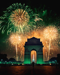 Happy India republic day celebration india gate fireworks background