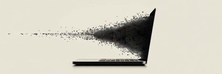 A laptop emits a spray of pixel elements that transition into a cloud of black dots, highlighting digital creativity and innovation. Generative AI