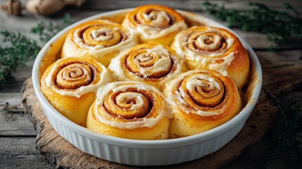 Golden Cinnamon Rolls with Cream Cheese Frosting in Baking Dish