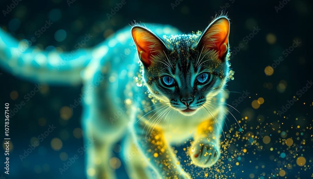 Poster a vigorously playful cat disappearing into glowing particles - a captivating visual representation o