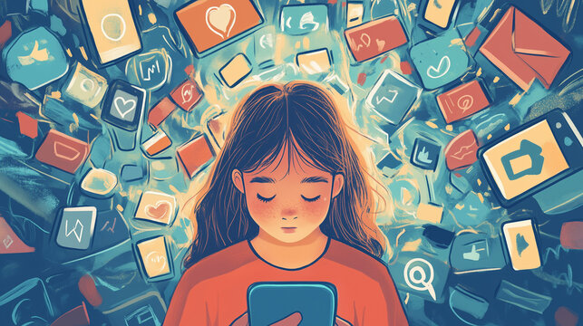 An illustration of a child, teen or young person who is overwhelmed by social media, they look worried or sad with many icons crowding around their head, wide aspect 16:9