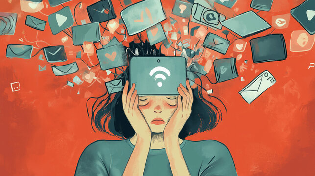 An illustration of a child, teen or young person who is overwhelmed by social media, they look worried or sad with many icons crowding around their head, wide aspect 16:9