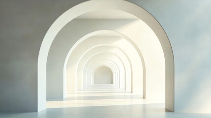 Fototapeta premium White arches in perspective, disappearing into a bright white light.