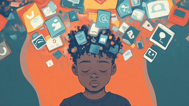 An illustration of a child, teen or young person who is overwhelmed by social media, they look worried or sad with many icons crowding around their head, wide aspect 16:9