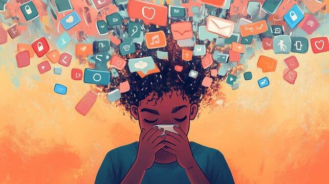 An illustration of a child, teen or young person who is overwhelmed by social media, they look worried or sad with many icons crowding around their head, wide aspect 16:9