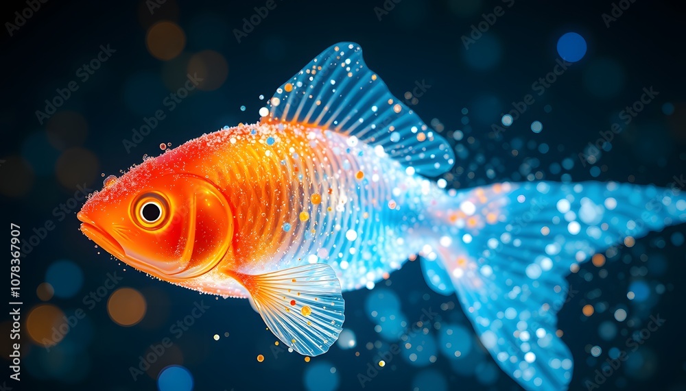 Aufkleber a vivid goldfish dissolving into particles with stunning glowing effects for use in creative design 