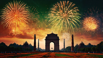 Fototapeta premium Happy India republic day celebration india gate fireworks background