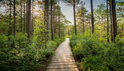 A restored natural pathway winding through a forest, lined with native shrubs and trees, enhancing biodiversity.