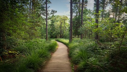 Fototapeta premium A restored natural pathway winding through a forest, lined with native shrubs and trees, enhancing biodiversity.