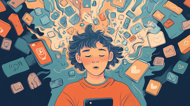 An illustration of a child, teen or young person who is overwhelmed by social media, they look worried or sad with many icons crowding around their head, wide aspect 16:9