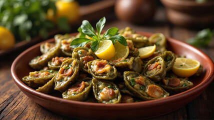 Fototapeta premium Savory dolma stuffed grape leaves with lemon - perfect for Mediterranean food blogs, recipe websites, catering menus or cultural cuisine presentations