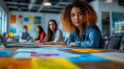 a diverse team brainstorming around a conference table with laptops and charts. digital marketing strategy session