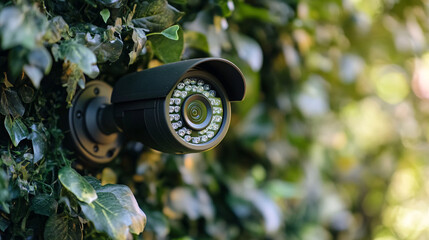 Naklejka premium A security camera is mounted among green foliage, providing surveillance in a natural setting, blending technology with the environment.