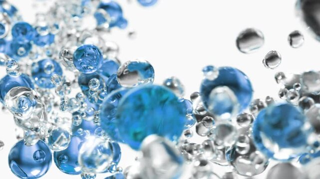 Blue cosmetic serum with liquid bubbles in a 3D abstract background. Hydrating essence gel enriched with collagen molecules. Moisturizing cream or oil for advanced skincare, beauty, and skin health.