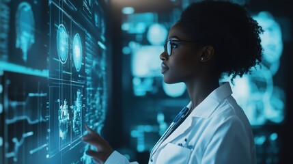 Side profile of a Black female doctor looking at a simple healthcare
