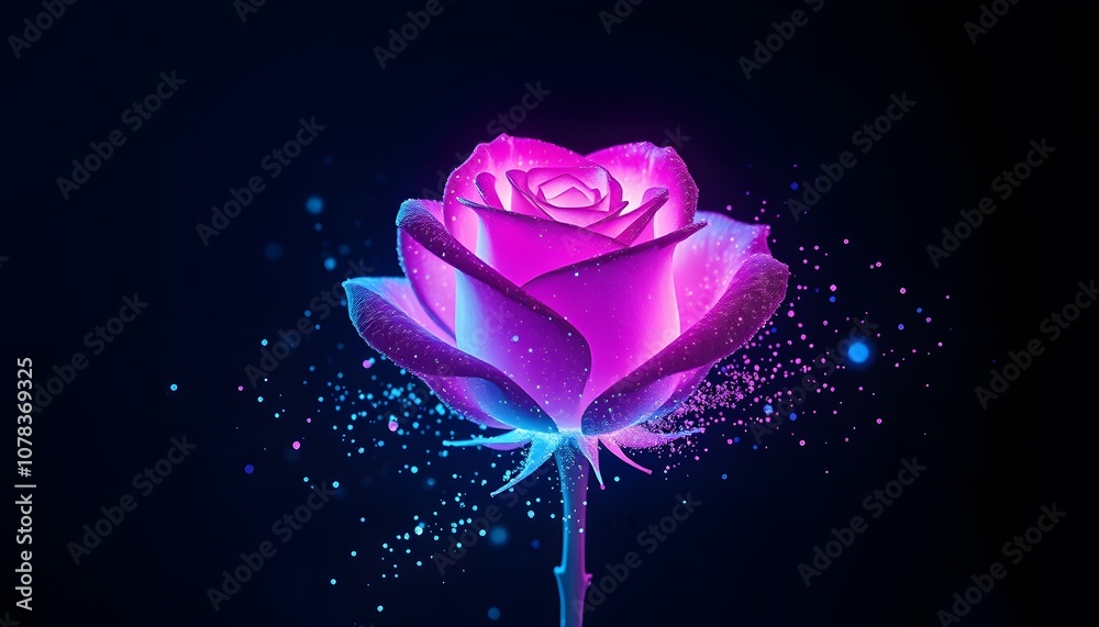 Poster A Close-up Image of a Vigorous Rose Dissolving and Disappearing into Particles with Glowing Effects for Creative Visuals