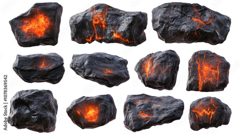 Poster set of smoldering burning coals isolated transparent background