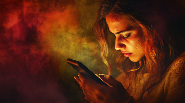 Art or illustration of a nervous woman looking at her phone fearfully, with a serious stressed expression, as though she is a victim of cyberstalking, bullying or revenge porn, wide landscape format,