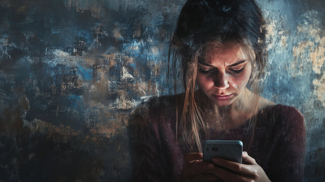 Art or illustration of a nervous woman looking at her phone fearfully, with a serious stressed expression, as though she is a victim of cyberstalking, bullying or revenge porn, wide landscape format,