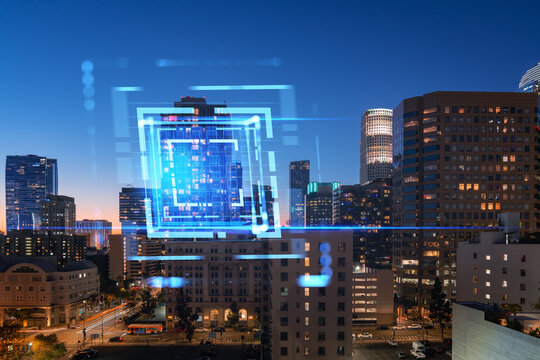 Futuristic digital interface overlay on city skyline at dusk, showcasing technology concept.