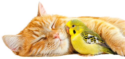 Adorable Ginger Cat and Yellow Parakeet Cuddling Together on Transparent Background, Perfect for Pet Friendship, Animal Companionship, and Cute Pet Concepts