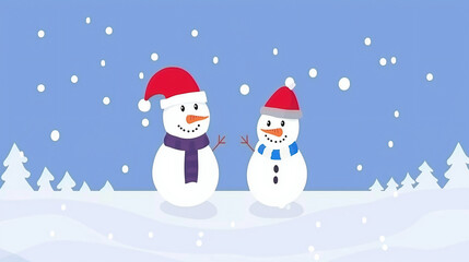 Fototapeta premium Two snowmen with hats and scarves. One is smiling and the other is not.