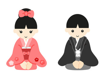 正座で挨拶をする着物姿の男の子と女の子