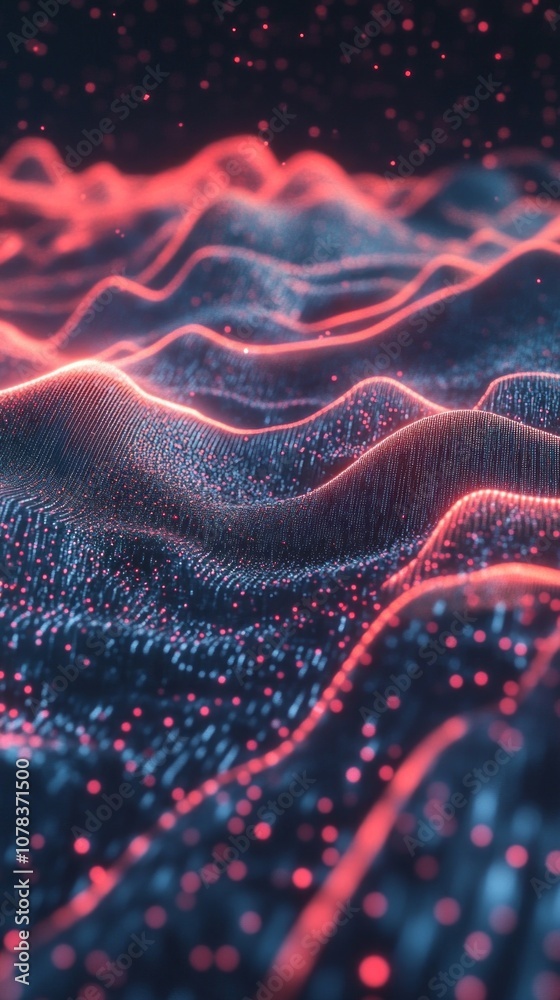Poster A computer generated image of a mountain range with red and blue colors