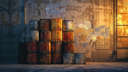 A stack of rusty barrels in an abandoned warehouse.
