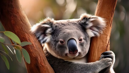 Fototapeta premium A sleepy koala lounging comfortably in the branches of a eucalyptus tree.