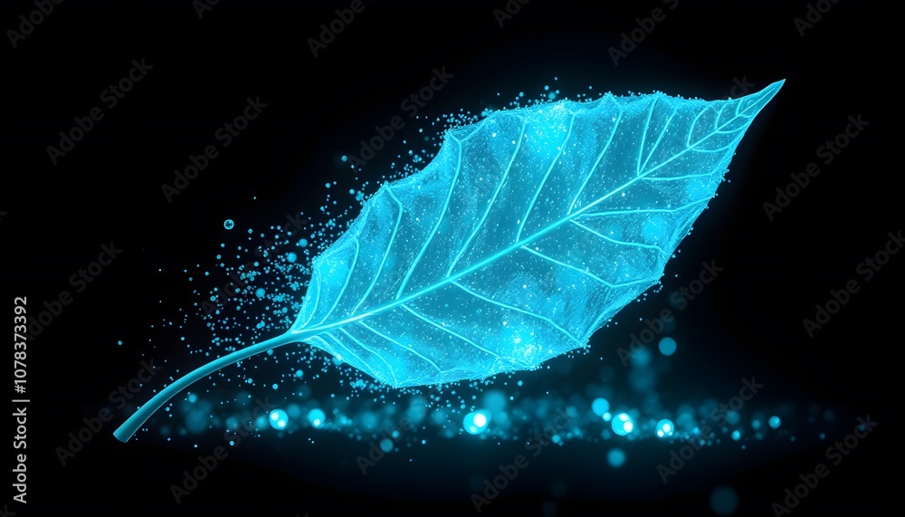 Poster a captivating image depicting the deterioration of a vibrant leaf with stunning glowing particle eff