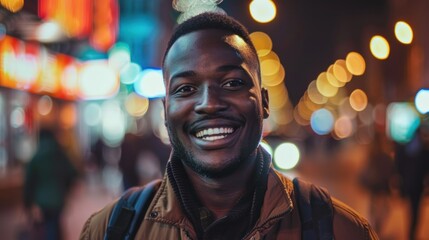 Obraz premium African man smiling looking at camera with blurred city lights background.