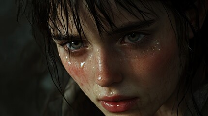 Fototapeta premium Close-up of a woman with tear-streaked cheeks, her eyes downcast in a moment of sadness.