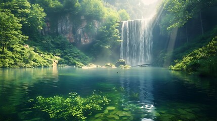 Mystical Waterfall Cascading in a Lush Green Forest