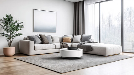 A modern living room featuring a light sofa, decorative pillows, a coffee table, and large windows that bring in natural light.