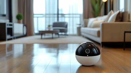 A sleek, futuristic robotic device stands on a polished wooden floor in a modern living room, showcasing a blend of technology and contemporary interior design.